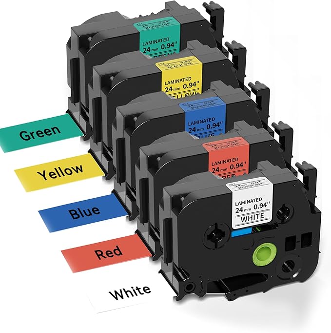 Compatible with P Touch TZe TZ 24mm 0.94'' Laminated Tape Compatible for Brother Label Maker Tape 1 inch PT-D600, PT-D610BT, PTP750W, PT-P710BT, Black on White/Yellow/Red/Green/Blue, 5-Pack