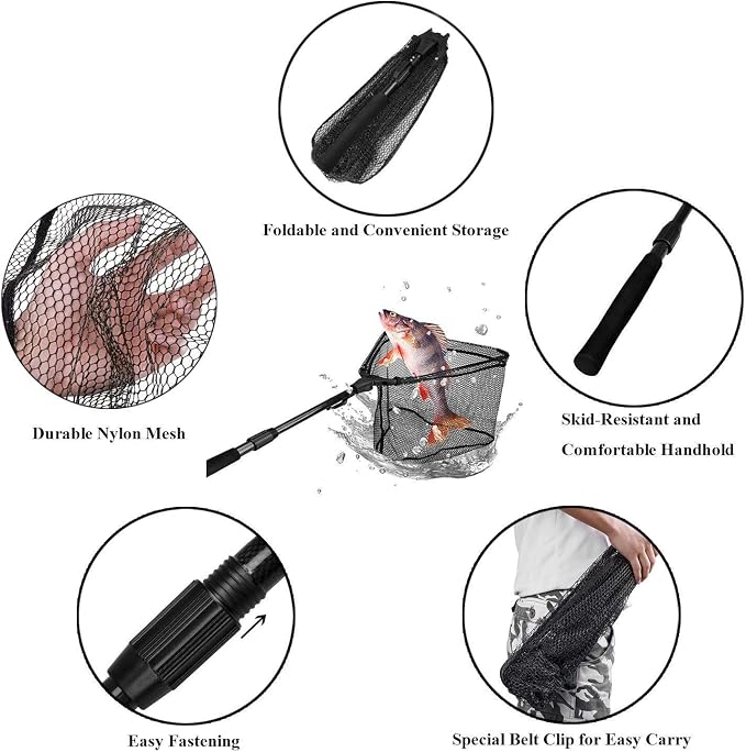 PLUSINNO Telescopic Fishing Rod and Reel Combo(2.4M 7.87FT),Fishing Net Fish Landing Net, Durable Nylon Material Mesh, Safe Fish Catching or Releasing