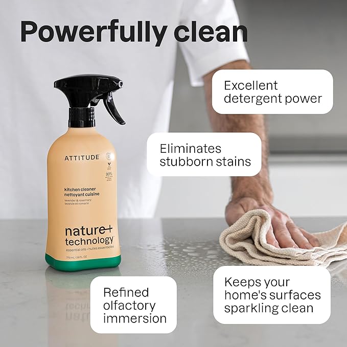 ATTITUDE Kitchen Cleaner Spray, Natural Origin Ingredients, EWG Verified, Cleans and Degreases, Streak-Less, Lavender & Rosemary, 26 Fl Oz