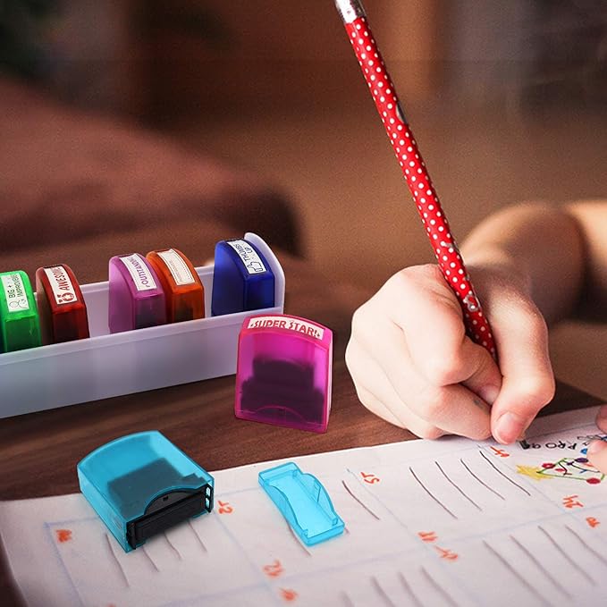 RELIANCER 8PCS Teacher Stamp Set,Colorful Self-Inking Motivational Classroom Stamper for Grading,Encouraging Rating Stamp Student,Parent Signature Stamps for Homework,School Homeschool Reward Supplies