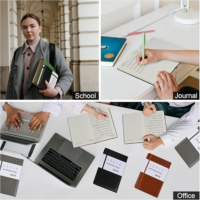 ZCZN 6 Pack Lined Journal Notebooks, 192 Pages A5 Hardcover Leather Journals for Work,Writing,School & Travel, College Ruled Journaling Notebooks for Notes Taking,Diary Journal(Black+Brown+Grey)*2