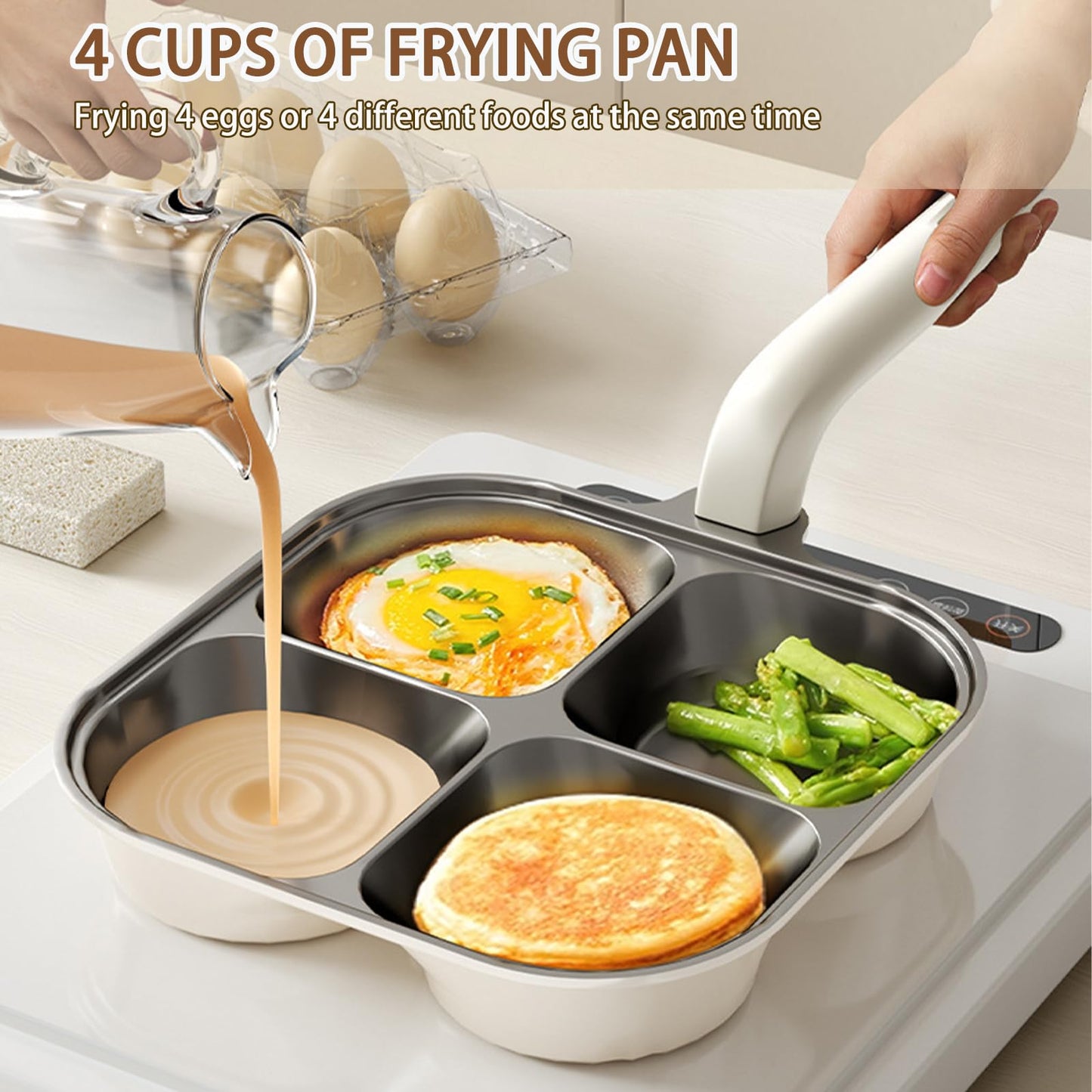 JUSTUP 4-Cup Egg Pan Nonstick，Healthy Titanium Ceramic Breakfast Frying Pan，Compatible with All Stoves and Equipped with Heat-Resistant and Height Increasing Handles, Easy to Clean, PFOA Free (Black)