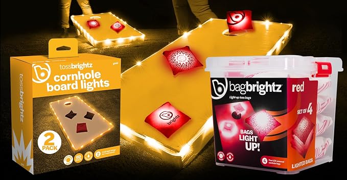 Brightz Cornhole Board Edge Lights with LED Bags - Includes 4-Pack of LED Cornhole Bags + TossBrightz Cornhole Board Edge Lights - The Ultimate Night Time Cornhole Master Set