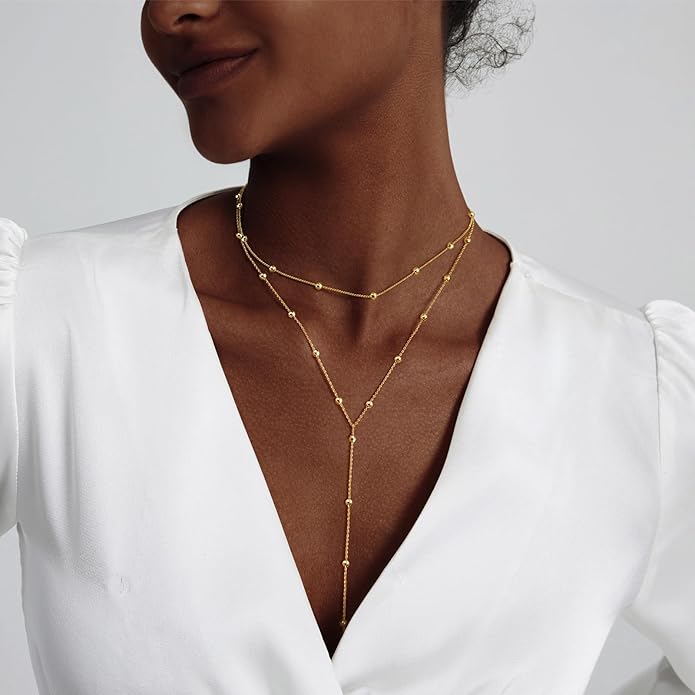 Gold Necklace for Women Trendy Lariat Y Necklace Dainty 14k Gold Plated/Silver Long Necklaces for Women Layered Beaded Drop Necklaces Simple Y-Shaped Chain Jewelry Gifts