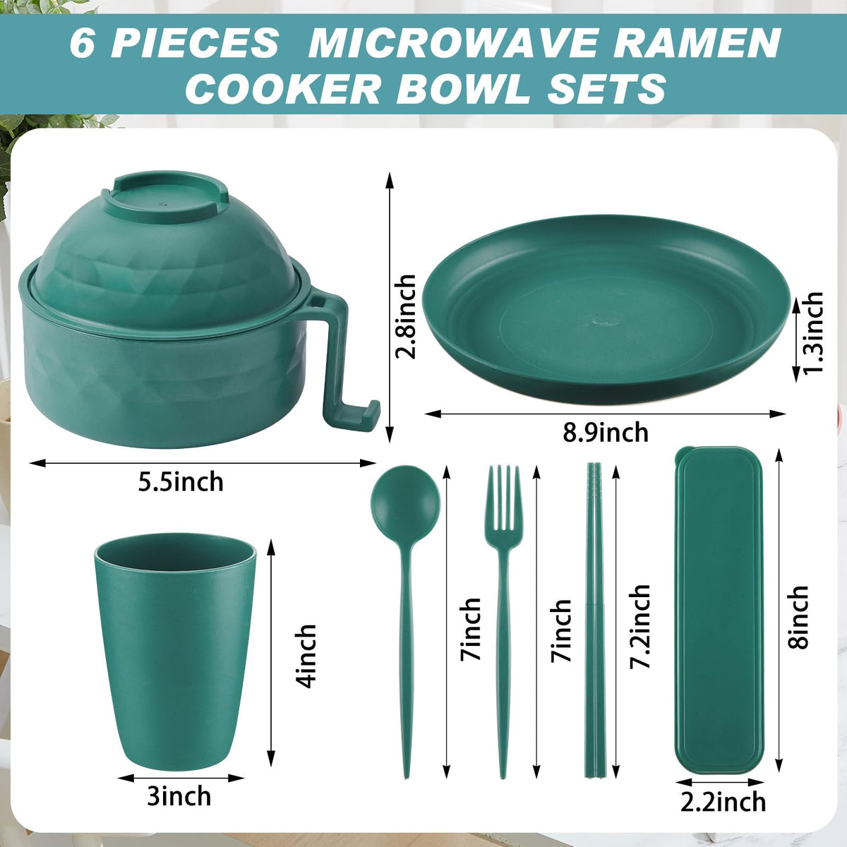 Romooa 6 Pcs Microwave Ramen Cooker Set Microwavable Wheat Straw Dinnerware Sets with 40oz Ramen Bowl, Plates, Cups and Cutlery Box, Dishwasher Safe Camping College Dorm (Dark Green)