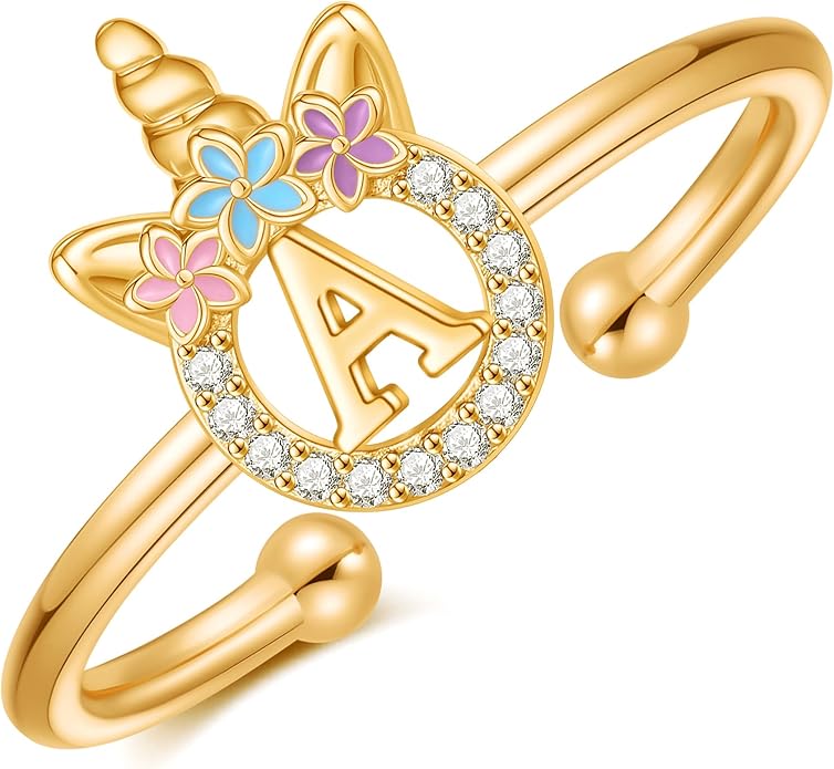 Unicorn Rings Gifts for Girls - Adjustable Initial Ring Dainty Cute Unicorn Rings for Girl Teens Little Girls Jewelry Birthday Gift