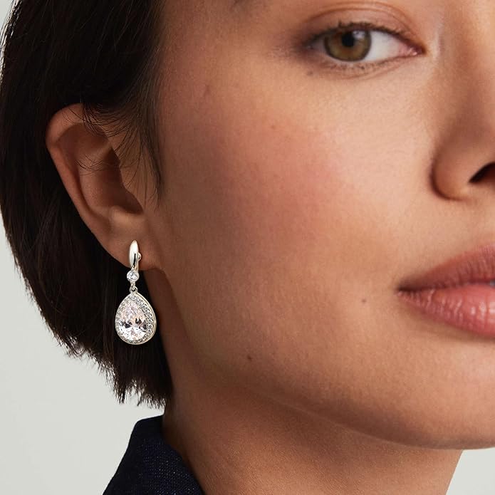 THUNARAZ Elegant Clip on Earrings for Women Sparkling Teardrop Dangle Clip Earrings Non-Pierced Rhinestone Cubic Zirconia Wedding Prom Jewelry 14K Gold and Silver Tone