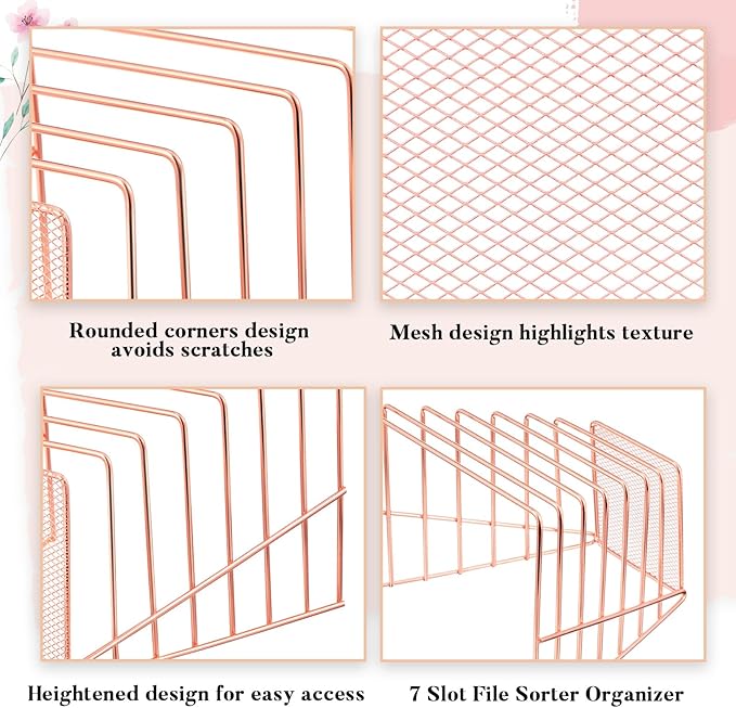 2 Pcs 7 Slot Incline File Sorter Metal Wire Mesh File Racks for Desktop Letter Sorter for Magazine Folder Book Organizer Home Office School Paper Mail Desk Storage Holder (Rose Gold)