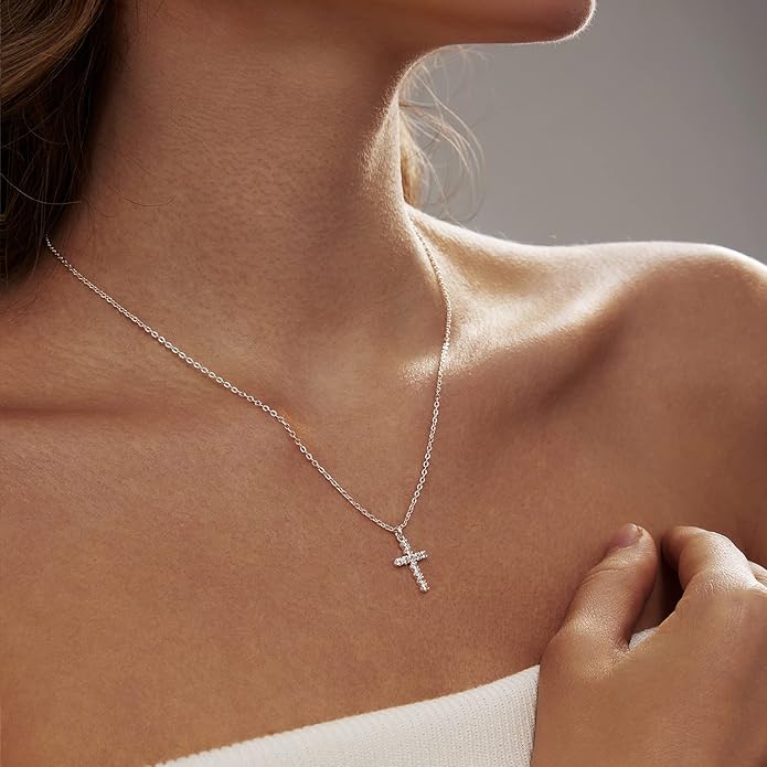 Zeffy Cross Necklace for Women,18K Gold/Silver Plated Tiny Cubic Zirconia Cross Pendant Necklace for Women Simple Layered Cross Necklaces for Women