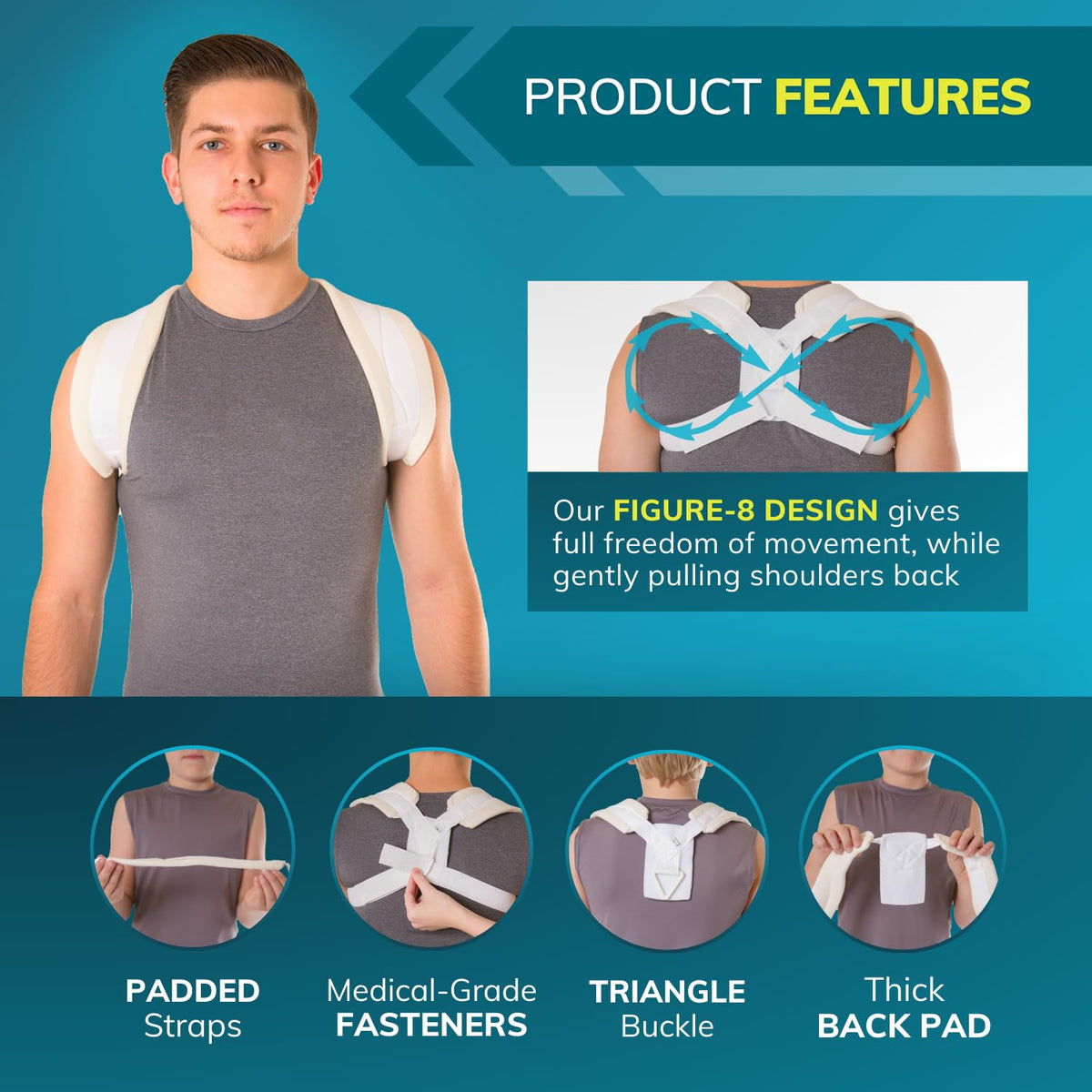 BraceAbility Clavicle Support Brace - Figure 8 Upper Back Brace Posture Corrector for Women and Men, Shoulder Straightener, Kyphosis Relief, Sling for Injuries and Fractures (Medium)