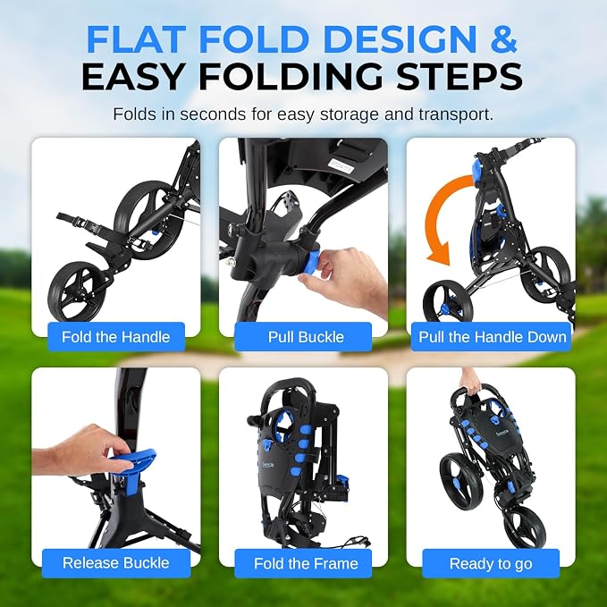 SereneLife Golf Push Cart 3 Wheel, Ultra Lightweight Aluminum Foldable Cart with Adjustable Handle, Quick-Fold, New-Version Scorecard, Phone/Cup/Umbrella Holders, Cooler Storage | Comfortable to push all day — adjustable handle fits any height