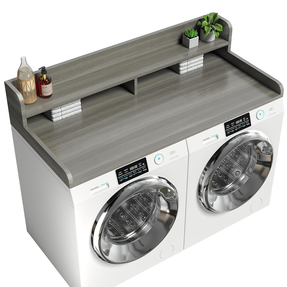 Corbyles 2-Tier Washer Dryer Countertop with 2.75" H Edge Rails, 58" W x 28" D Laundry Countertop for Folding Clothes, Washer and Dryer Topper with Non-Slip Pad (Stripe Gray)