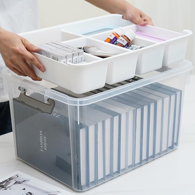 Citylife 32 QT Plastic Storage Bins with Removable Tray Large Stackable Storage Containers for Organizing Craft Storage and Storage Craft, Clothes, Files, Office Supplies, 4 Packs
