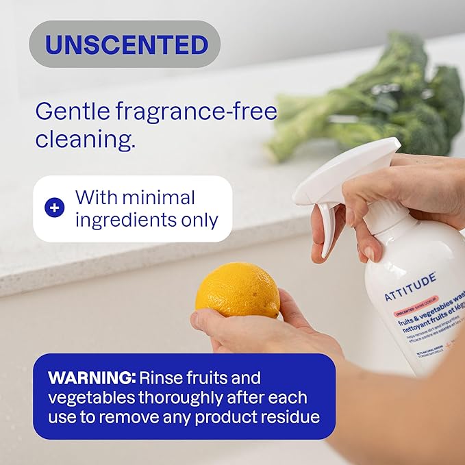 ATTITUDE Fruit & Vegetable Wash, Food-Safe Produce Wash, Removes Dirt & Residue, Vegan & Plant-Based Ingredients, Unscented, 27.1 Fl Oz