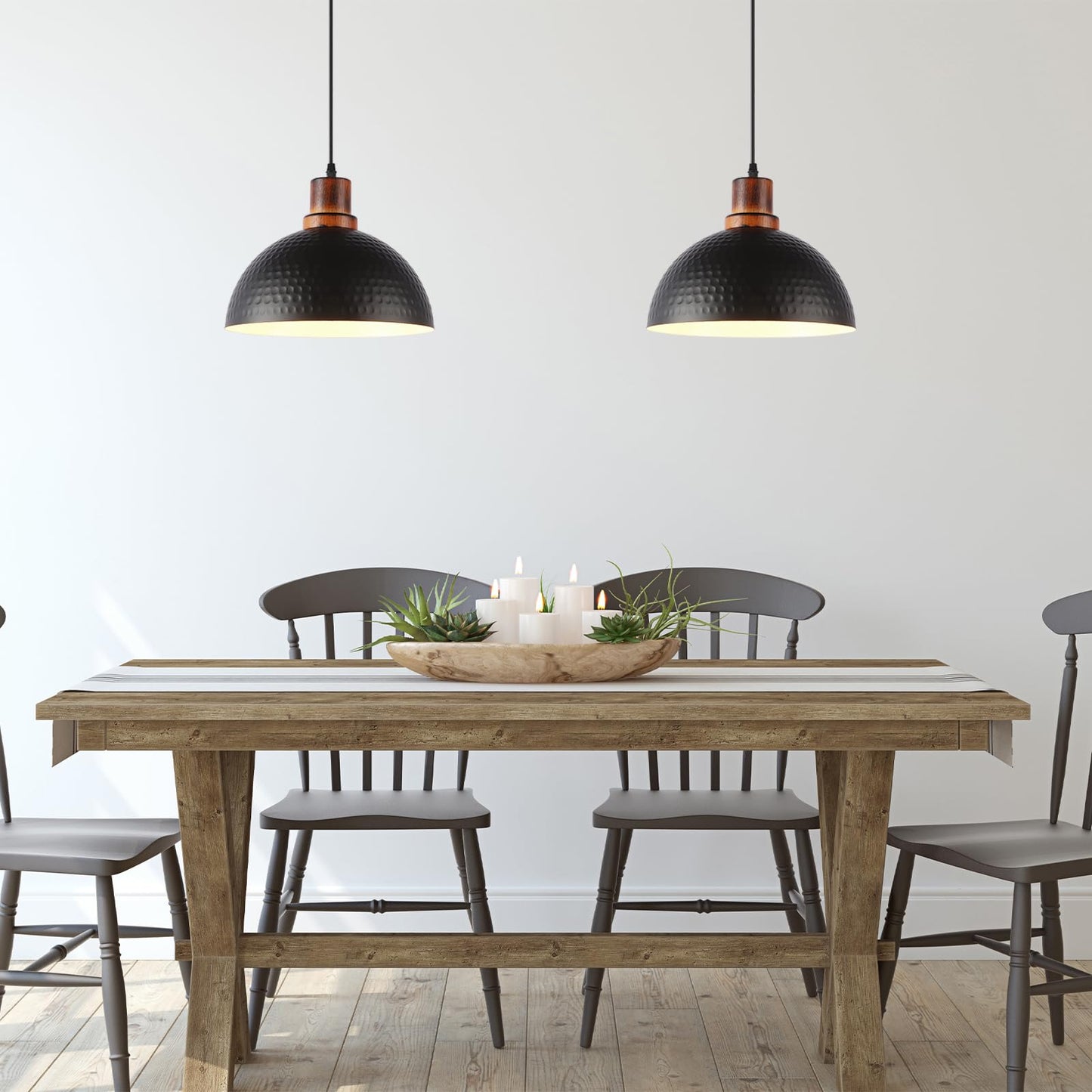 Mgcanyu Solid Wood Pendant Lights 3 Pack, 11.8" Modern Matte Black Dome Hammered Metal Hanging Ceiling Light Fixtures Industrial Lighting for Kitchen Island Dining Living Room Restaurant Farmhouse