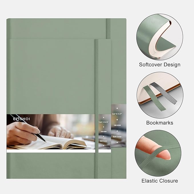 EMSHOI A4 College Ruled Notebook Journal- 400 Pages (200 sheets), 7mm Spacing & Vegan Leather Cover for Work, School, Bible Study, Bullet Journaling- with Sticky Notes, Pocket & Pen Holder - Green