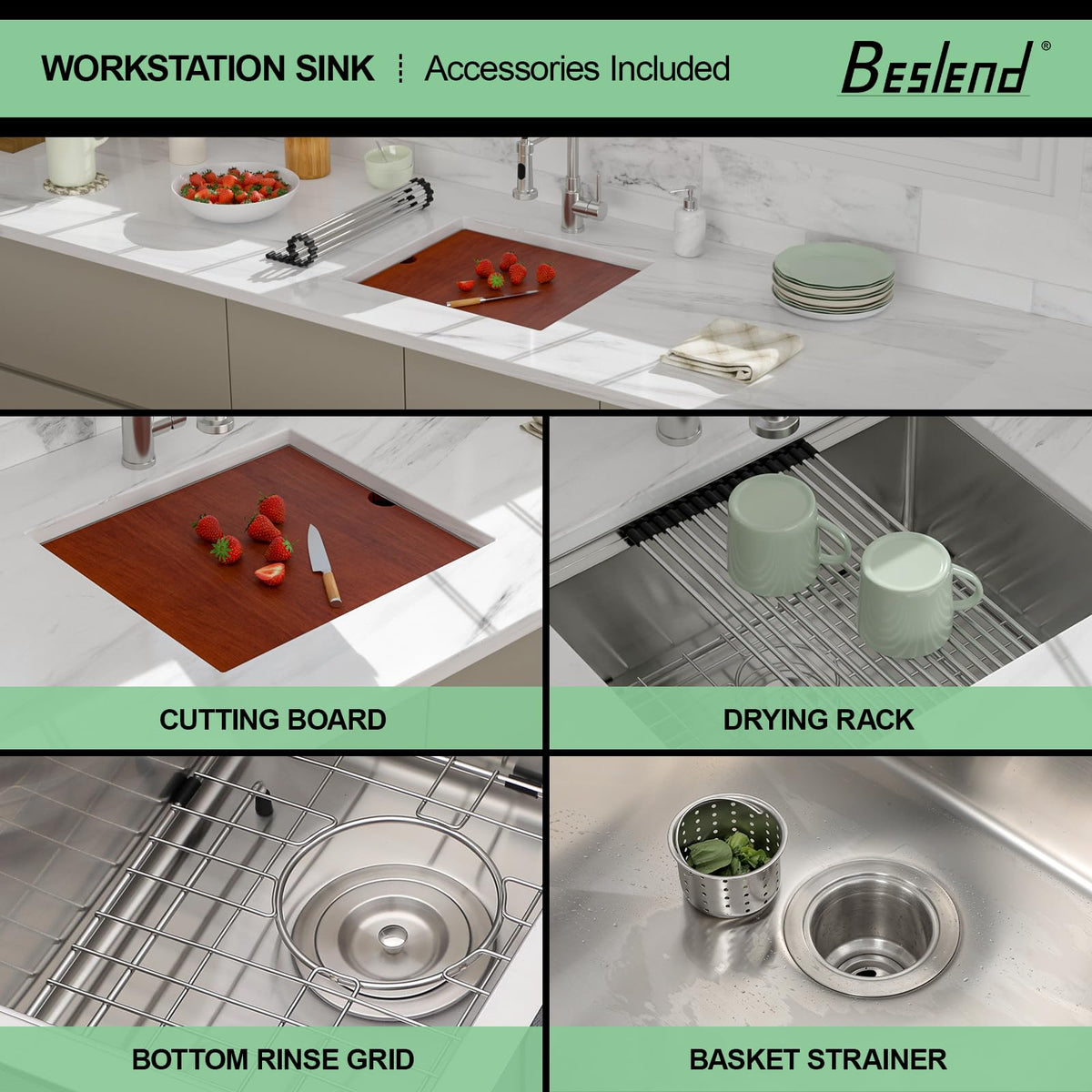 21 Undermount Bar Sink - Beslend 21x19 Inch Stainless Steel Bar Sink 16 Gauge Fully Covered Workstation Sinks RV Sinks 10 Inch Deep Under Counter Single Bowl Basin with Cutting Board