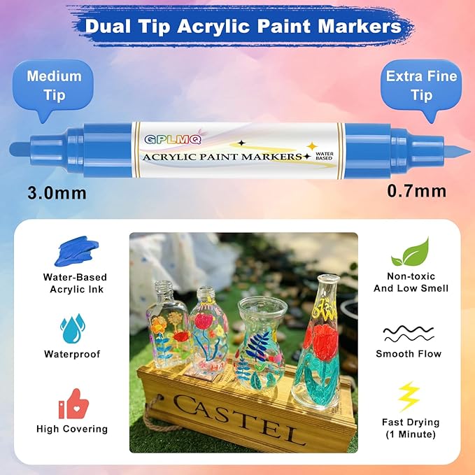 Paint Markers Paint Pens - 2 Pack Dual Tip Acrylic Permanent Marker (0.7mm & 3mm), Non-Toxic, Water-Based for Art Painting, Stone, Ceramic, Glass, Wood, Fabric, Metal, DIY Crafts (Blue)
