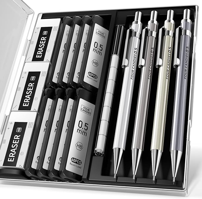 Four Candies 0.5mm Mechanical Pencil Set with Case - 4PCS Metal Mechanical Pencils, 8 Tubes HB #2 Lead Refills, 3PCS 4B Erasers and 9PCS Eraser Refills, Lead Mechanical Pencils for Writing & Drawing