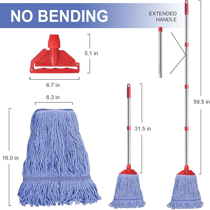 Commercial Mop with 60" Mop Handle, Heavy Duty Industrial Cotton Mops for Floor Cleaning, Looped-End String Wet Mops for Home, Kitchen, Garage, Office, Workshop, Warehouse Concrete/Tile Floor