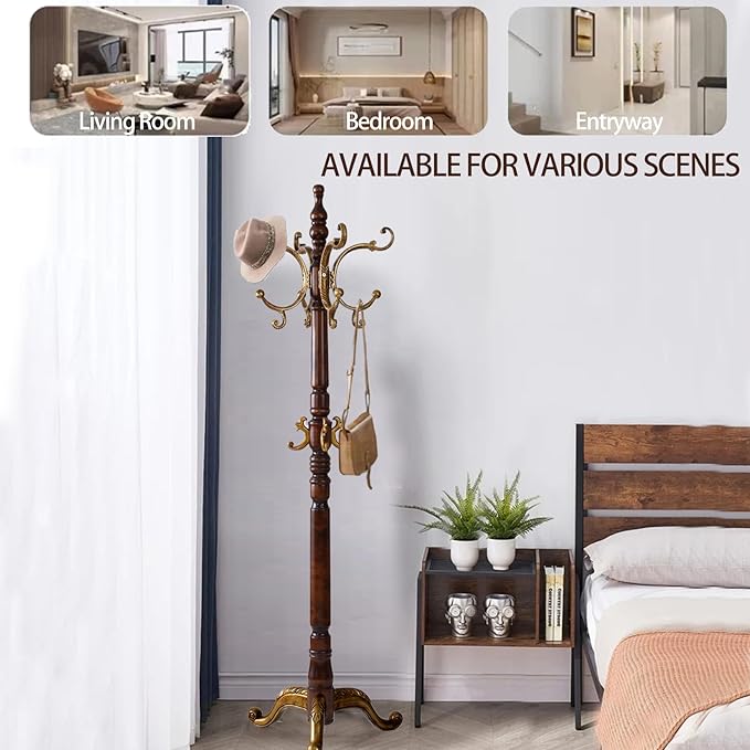 Wooden Coat Racks, Retro 78" Coat Tree with 12 Hooks & Stable Triangular Base, Entryway Coat Rack Freestanding for Hat, Clothes, Scarves, Handbags, Umbrella (Vintage)