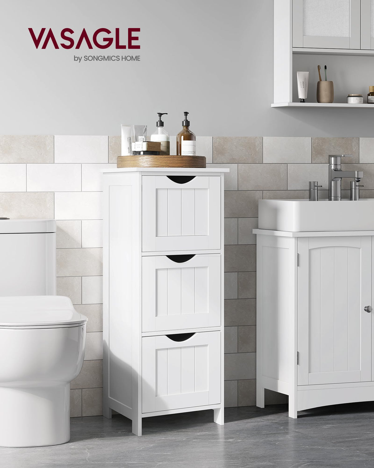 VASAGLE Floor Storage Cabinet, Freestanding Storage Unit with 3 Drawers, 11.8 x 12.6 x 31.9 Inches, for Bathroom, Living Room, Kitchen, Modern Style, Matte White UBBC050WH01S