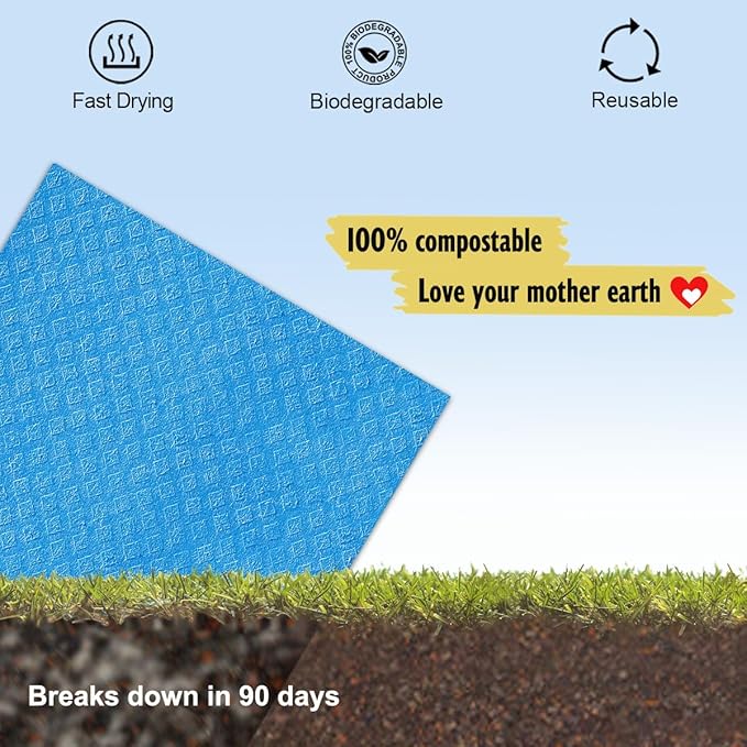 Swedish Dishcloths for Kitchen | 6 Pack Absorbent Cellulose Sponge Cloths Washable | Non-Scratch Reusable Paper Towels Quick Drying Cleaning Cloths - Blue