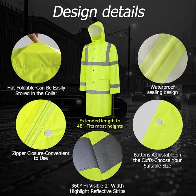 High Vis Rain Jacket, High Visibility Rain Suit for Men Women, Waterproof Rain Coat with Hood, Class 3 Lightweight Hi Vis Rain Gear for Outdoor Activities& Safety Work, Yellow Long, L