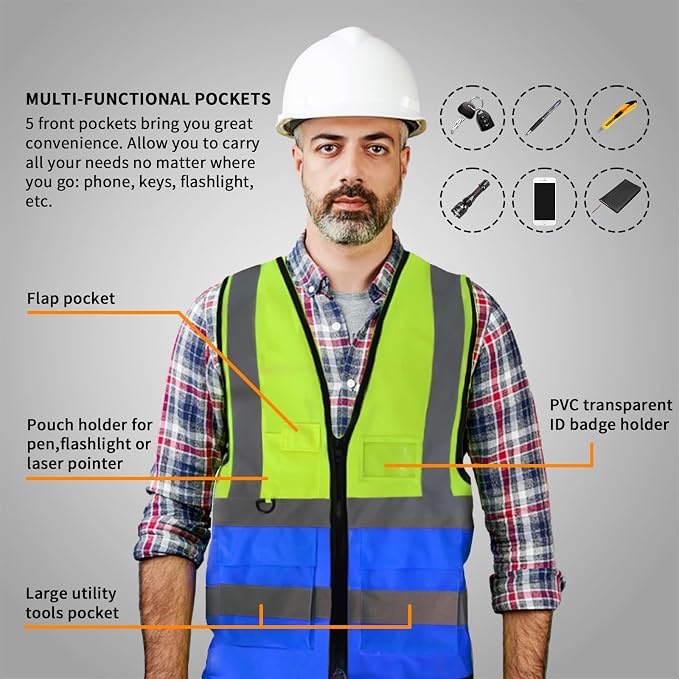 Safety Vests,Hi Vis Vest Reflective Vest with 5 Pockets and Zipper for Men Women, Neon Working Vest for Outdoor One Size