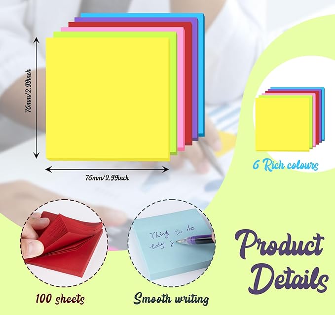 (6 Pack) Sticky Notes Pads,600 Super Adhesive Sticky Notes,3 x 3 Self Sticky Pads,600 Sheets Bulk Notepads,6 Colors Notes Post,Bright Colors Sticky Notepads Easy to Post for Office,Home,School