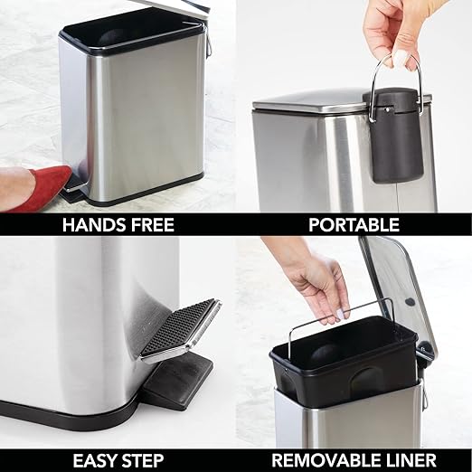 mDesign Slim Metal Rectangle 1.3 Gallon/5 Liter Trash Can with Step Pedal, Easy-Close Lid, Removable Liner - Narrow Wastebasket Garbage Container Bin for Bathroom, Bedroom - Brushed Stainless Steel
