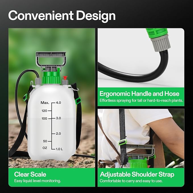 VIVOSUN 1 Gal/4L Pump Sprayer, Garden Water Sprayer for Plants, Weeds & Lawn Care, with 3 Nozzles, 50'' Long Hose & Pressure Relief Valve