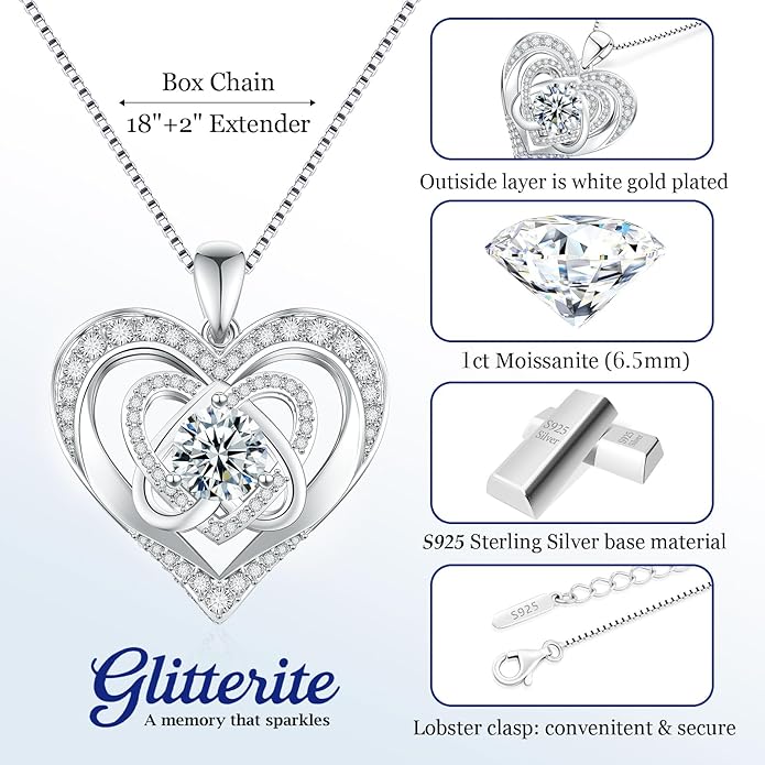 1-3 Carat Moissanite Necklace for Women, 925 Sterling Silver Heart Pendant Necklace Moissanite Diamond Necklace, Birthday Gift Anniversary Present for Wife, Girlfriend, Daughter, Mom