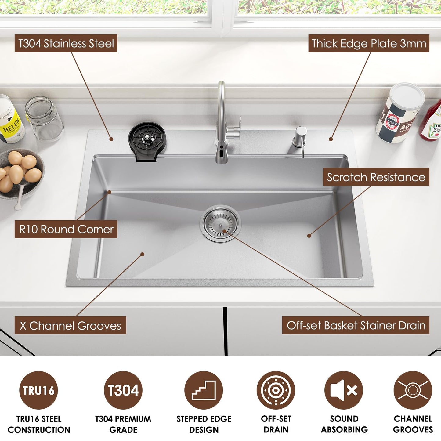 BURCHAIN 33x22 Inch Kitchen Sink Black Drop In Stainless Steel Kitchen Sinks 16 Gauge Single Bowl Workstation Luxury Top Mount Sink with 6 Accessories Include Glass Rinser (Brushed Nickel)