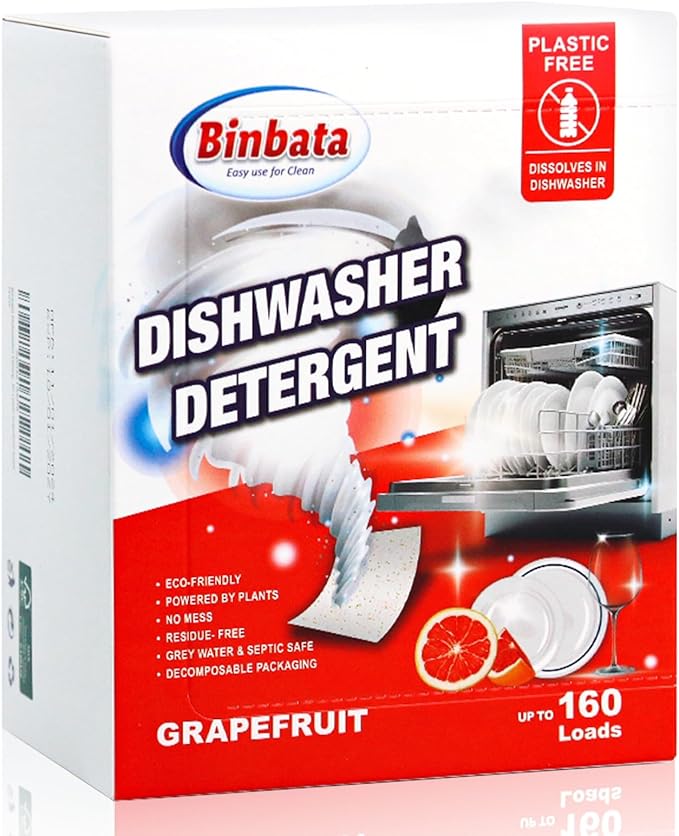 Eco Dishwasher Detergent Sheets Up To 160 Loads, Grapefruit Scent Plastic Free Dishwashing Soap Strips With High Efficient Solid Enzyme, Leaving Dishes Sparkling Clean