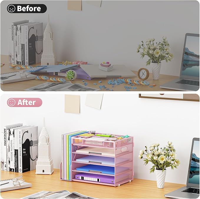 Marbrasse 5-Tier Desk Organizer with File Holder,Paper Letter Tray Organizer,Desktop File Organizer with Adjustable Compartments,Mesh Desk Organizers and Accessories for Office Supplies,Pink