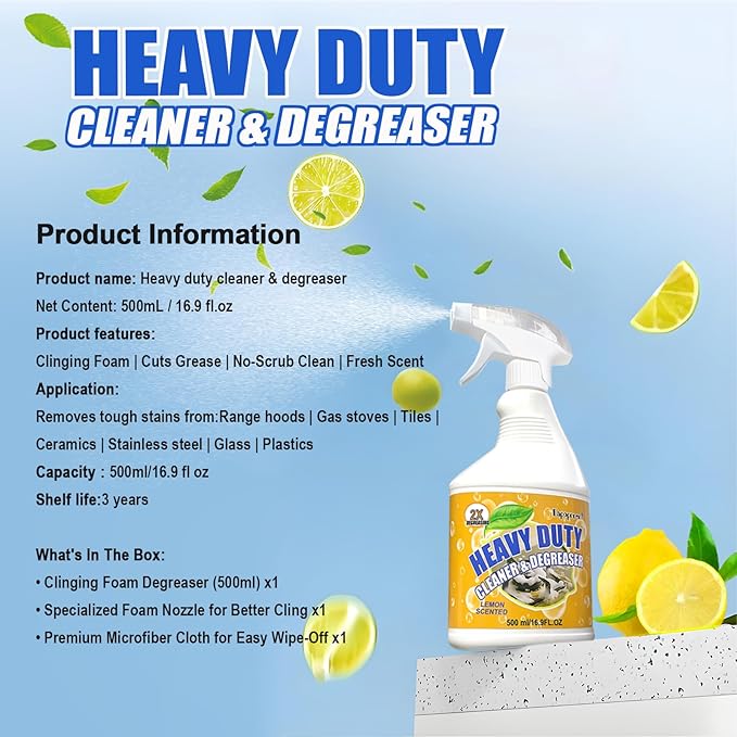 16.9 FL OZ Heavy Duty Kitchen Foam Cleaner - Multipurpose Degreaser Spray to Clean Up Kitchen Oil Stains, Grease & Burnt Residue on Pots, Pans, Ovens, Surfaces - Dual-Spray Nozzle, No-Rinse Formula