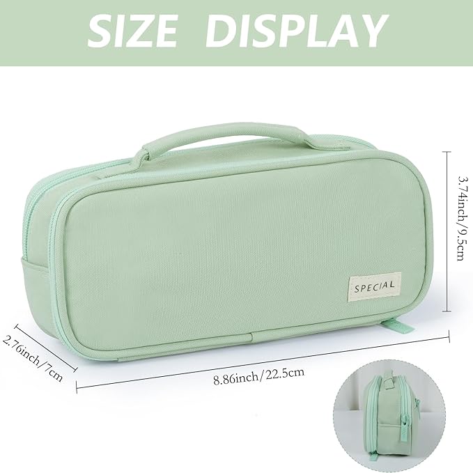 MAMUNU Pencil Case Large Capacity with 3 Compartments, Pencil Case Pouch Bag with Zipper Handle Portable Pen Stationery Organizer for Teen Girls Boys Adults College School Office Travel, Green