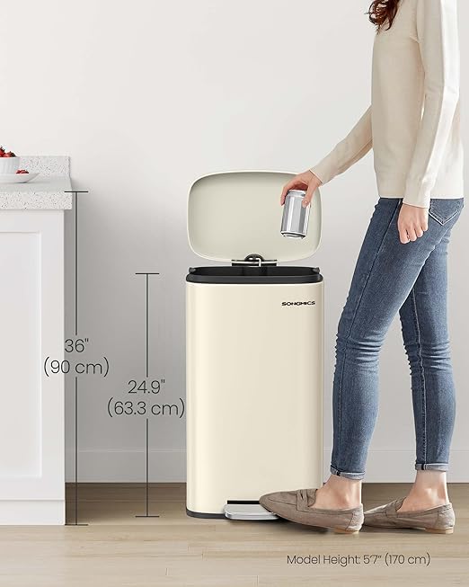 SONGMICS Trash Can with Lid, 8 Gallon Garbage Can, Stainless Steel Small Waste Bin with Step Pedal and Inner Bucket, Soft Close, Kitchen, Sand Beige ULTB003A01