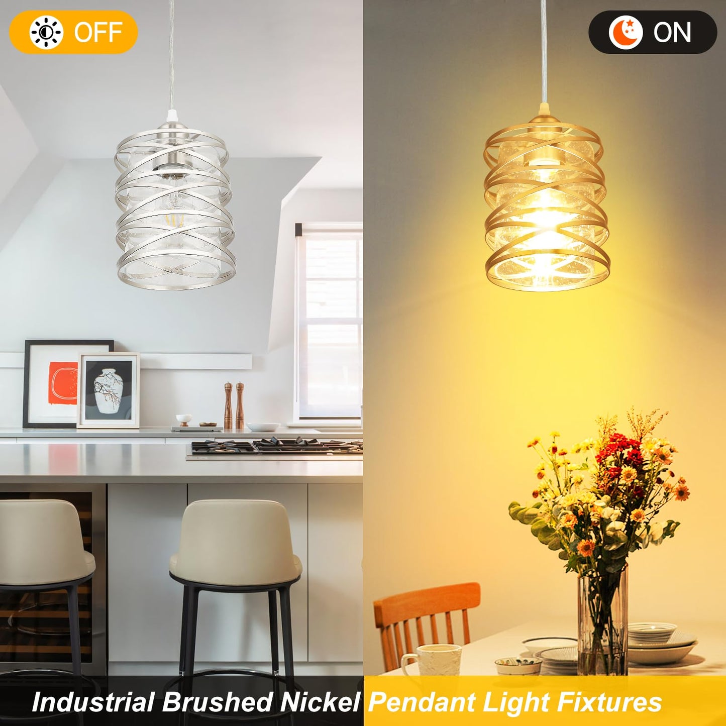 foucasal Brushed Nickel Pendant Light for Kitchen Island, Spiral Iron Pendant Light Fixtures with Seeded Glass Shade, Adjustable Height Hanging Pendant Lighting for Dining Room Hallway Kitchen Foyer
