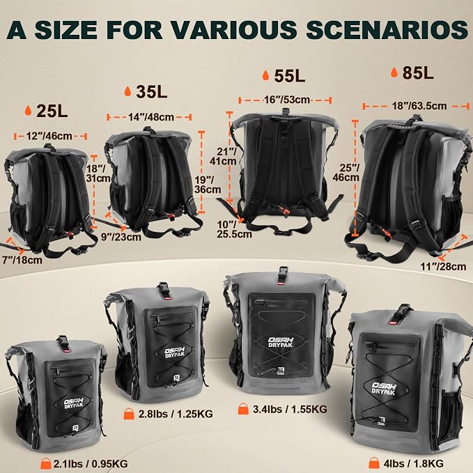 OSAH DRYPAK Waterproof Backpack Dry Bag 25L/35L/55L/85L – Heavy Duty Roll-Top Hiking Backpack Sack Keeps Gear Dry for Travel, Kayaking, Boating, Camping, Rafting and Fishing
