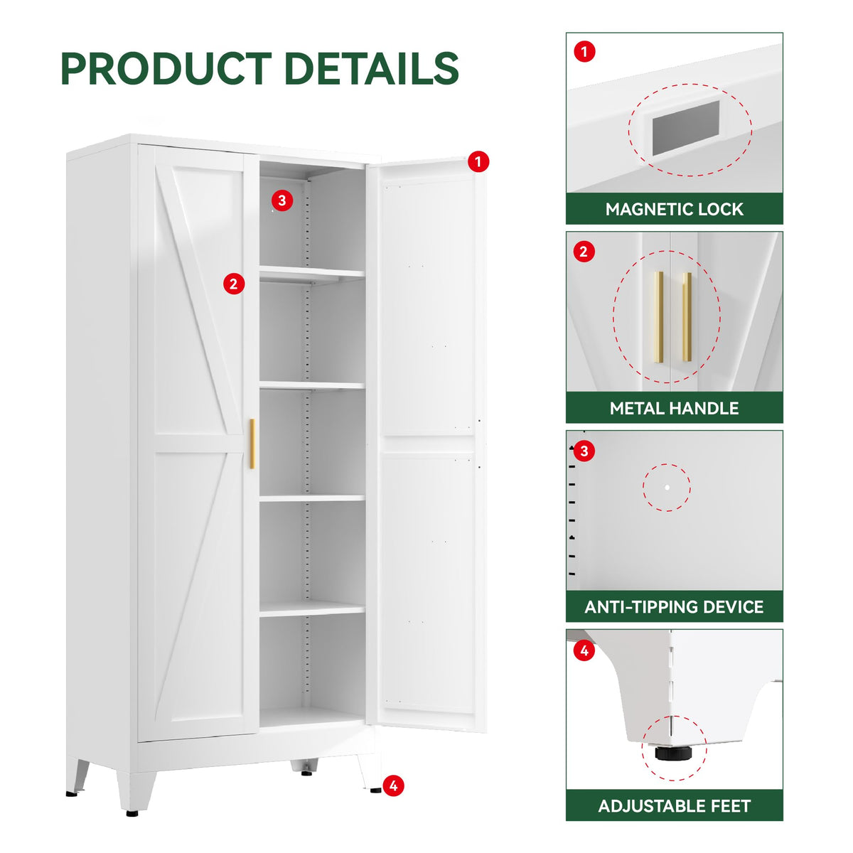 YNIQUESTLE Kitchen Pantry Cabinet,71" H x 31.5" W,Metal Farmhouse Storage Cabinet with Adjustable Shelves and Barn Doors,5-Tier Storage Cabinet for Kitchen Dining Room Garage,White 1 Pack