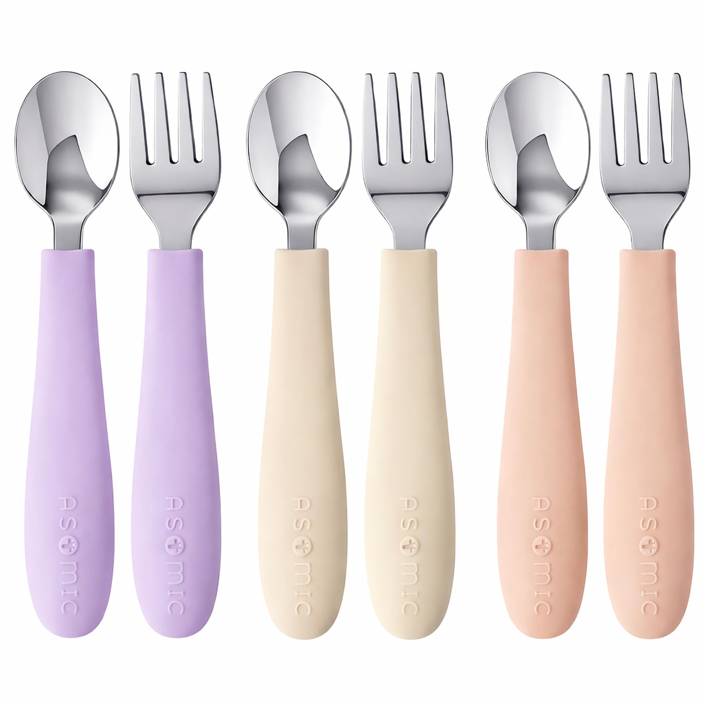ASOMIC Toddler Utensils, 6-Piece Kids Silverware Set with Silicone Handles, 3 Forks & 3 Spoons, Premium 316 Stainless Steel, Dishwasher Safe (Pink/Lavender/Ivory)