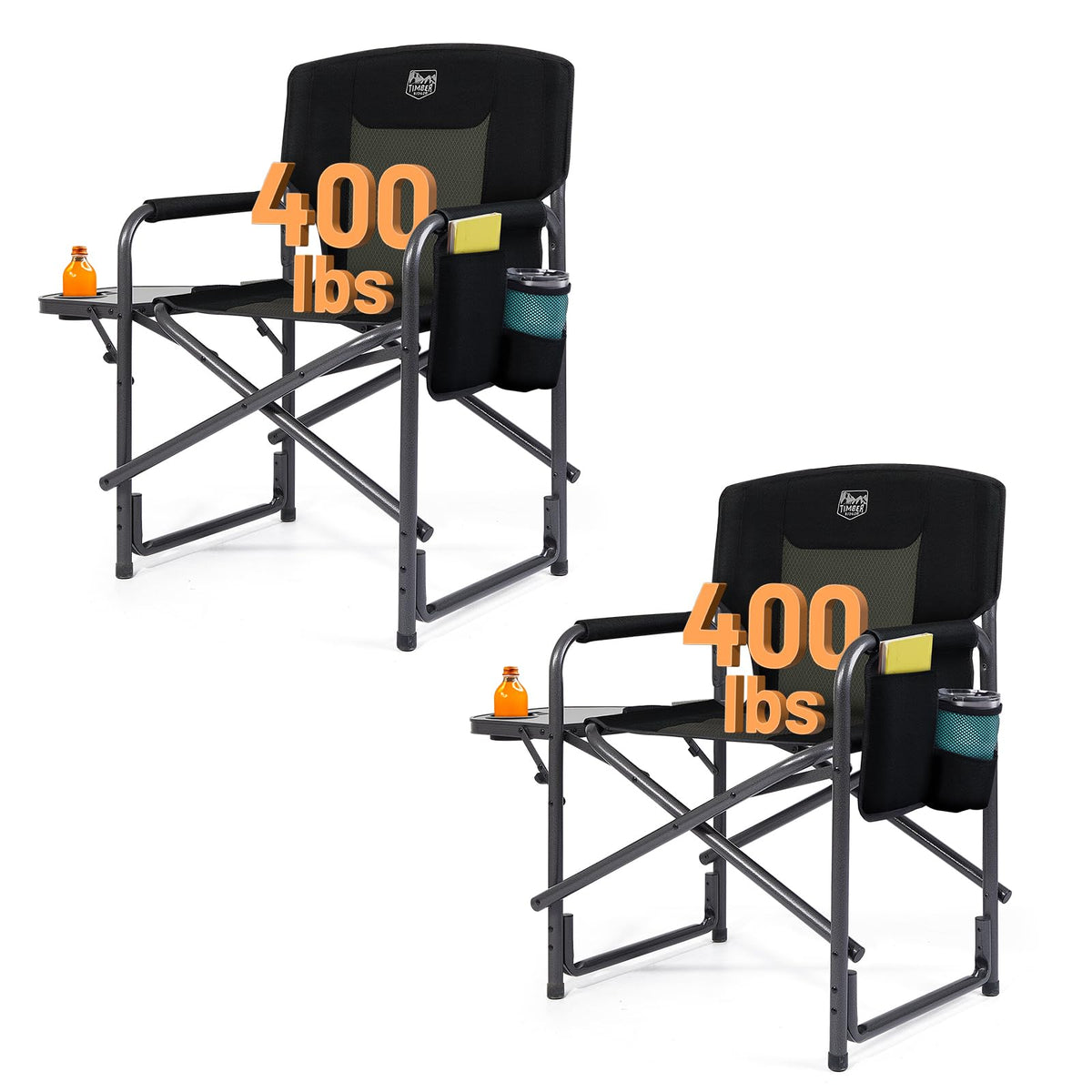 TIMBER RIDGE Aluminum Oversized Camping Chair, Lightweight Portable Directors Chair with Side Table Detachable Side Pocket for Outdoor Camping, Lawn, Picnic, Support 400lbs Black 2 Pack