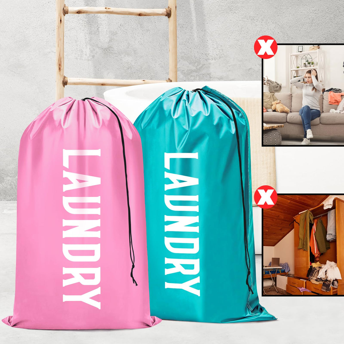 Fiodrimy 2 Pack XL Travel Laundry Bag, Machine Washable Dirty Clothes Organizer, Large Enough to Hold 4 Loads of Laundry, Easy Fit a Laundry Basket (Pink+Blue, 24" x 36")
