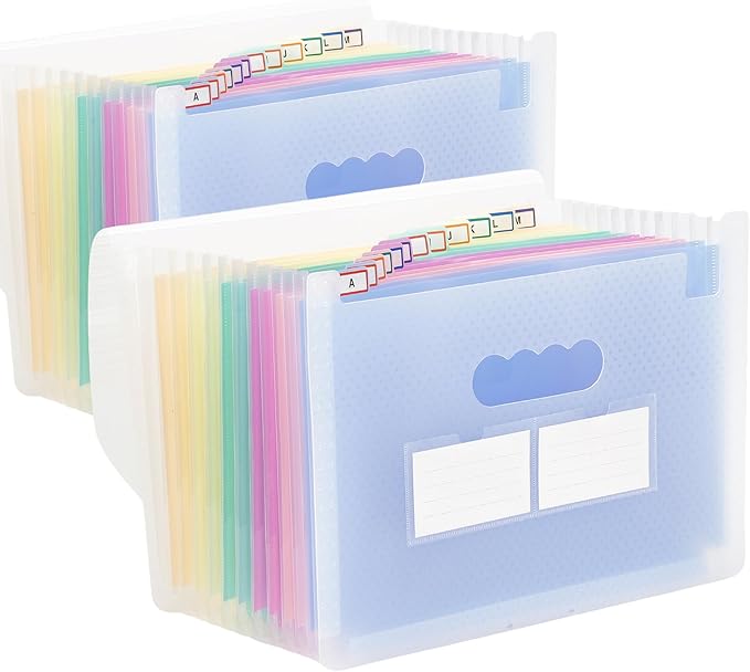 Accordion File Organizer, 2 Pack 12 Pockets Expanding File Folders, Portable Monthly Bill Receipt Documents Organizer with Colorful A-Z Tabs, Letter/A4 Size - Blue