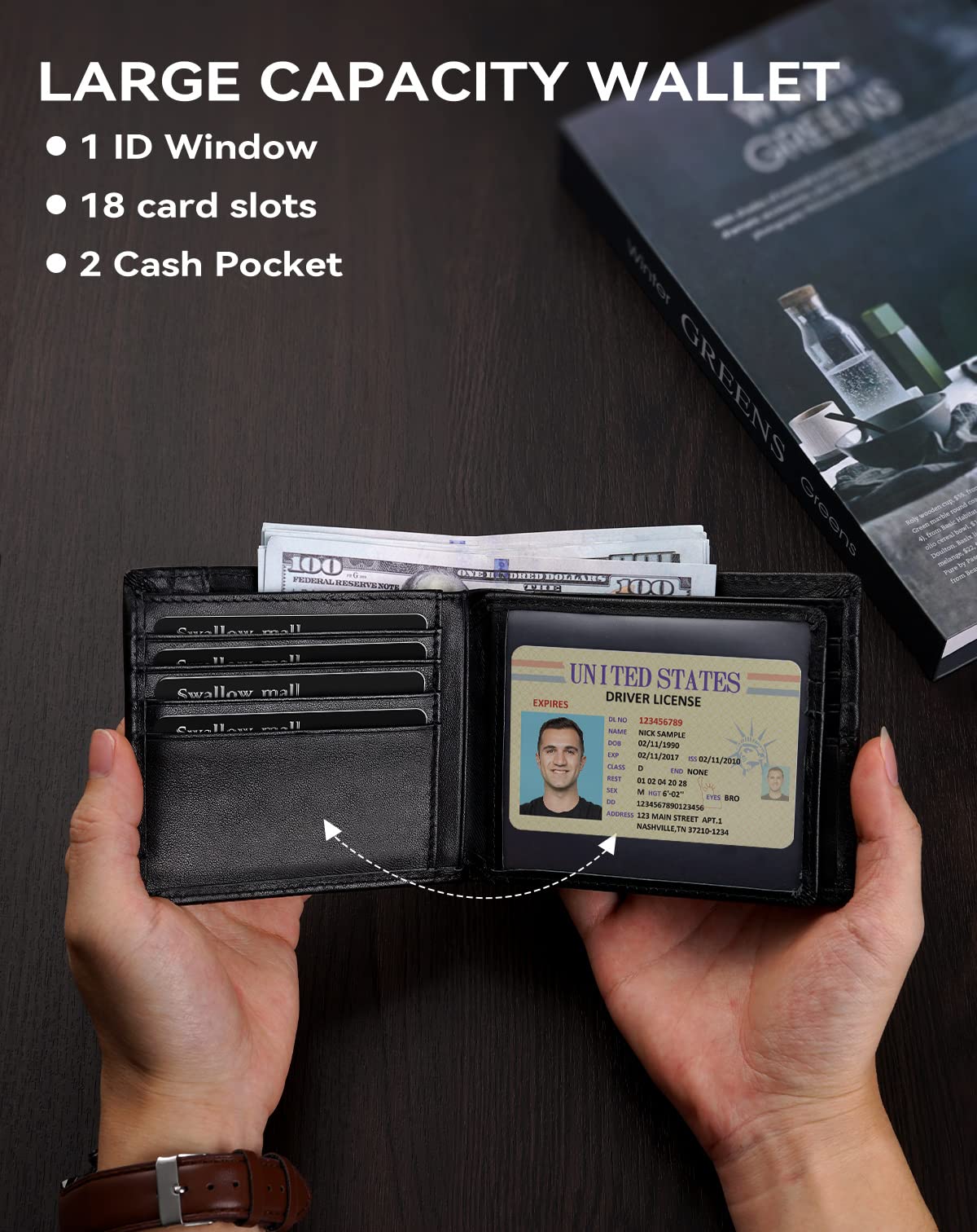 Swallowmall Mens Wallet Rfid Blocking Leather Wallet for Men Bifold Wallets with 1 ID Window 16 Card Slot