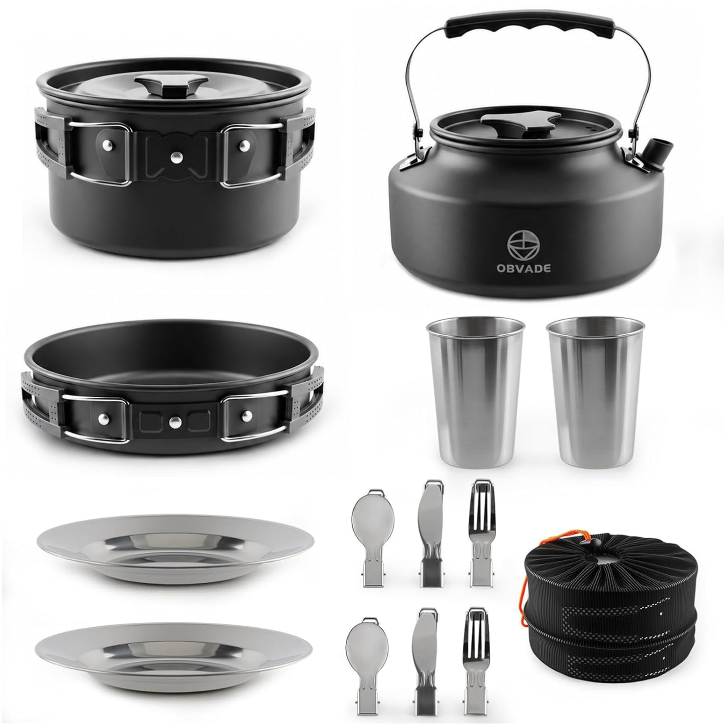 Camping Cooking Set 17-Piece with Kettle,Non-Stick Camping Cookware-Lightweight Backpacking Pots and Pans, Travel Hiking Pan Kit for Outdoor, RV Camp Cook Set, Mesh Bag Included