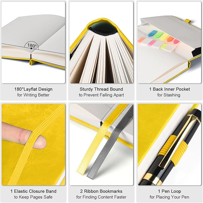 Lined Notebook Journal for Women, 312 Numbered Pages A5 Thick Leather Journal, 100gsm Paper Daily Journal for Work Travel, Hardcover College Ruled Notebook, Giftable Butterfly Floral Notebook, Yellow