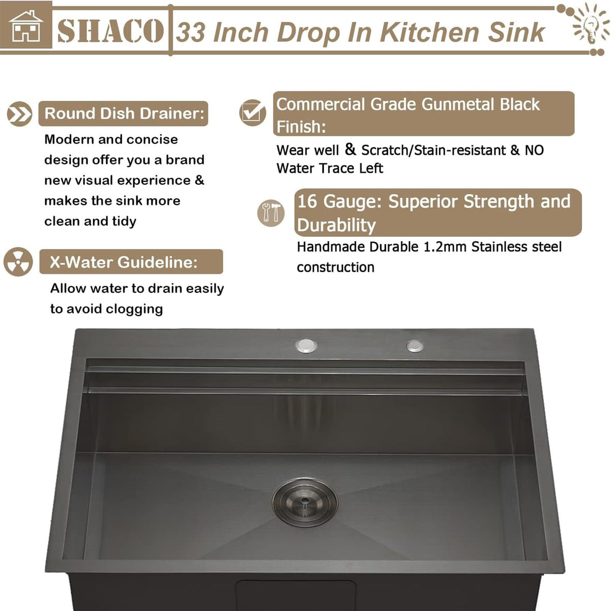 SHACO 33x22 Black Drop In Kitchen Sink, 33 Inch Topmount Gunmetal Black Stainless Steel Single Bowl Overmount Double Ledges Workstation Sink with Accessories
